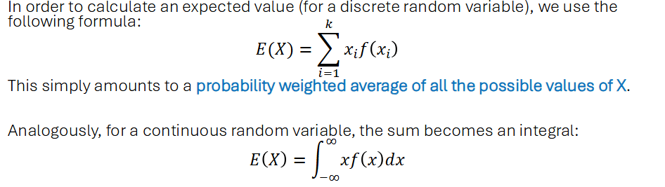 <p>A measure of central tendency. It gives us a measure of the value we expect a random variable to take on. It is also the 1st moment of the distribution.</p><p>Note: The expected value of a random variable does not need to be an exact value that the random variable can take on.</p>