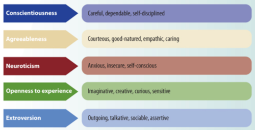 1. extroversion
2. agreeableness
3. conscientiousness
4. emotional stability
5. openness to experience