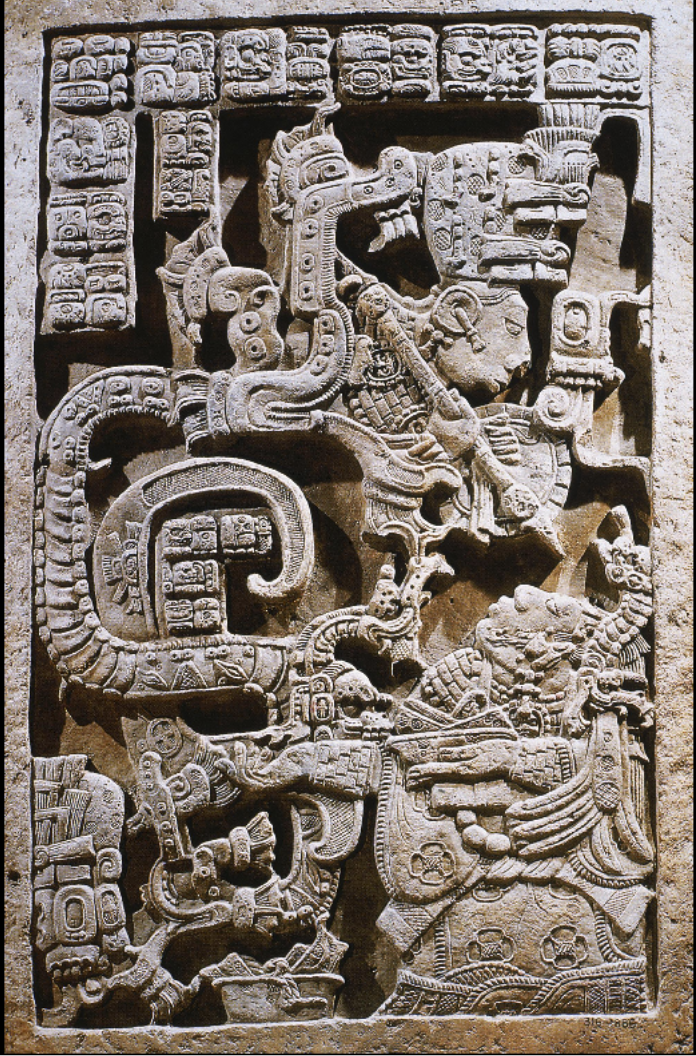 <p>Lady Xoc, wife of Shield Jaguar, invoking a royal ancestor. Some glyphs are larger to indicate closeness to the viewer/further away. </p>