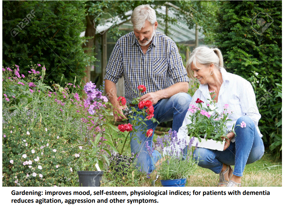 <p>- improves mood, self-esteem, physiological indices; for parents with dementia reduces agitation, aggression and other symptoms</p>