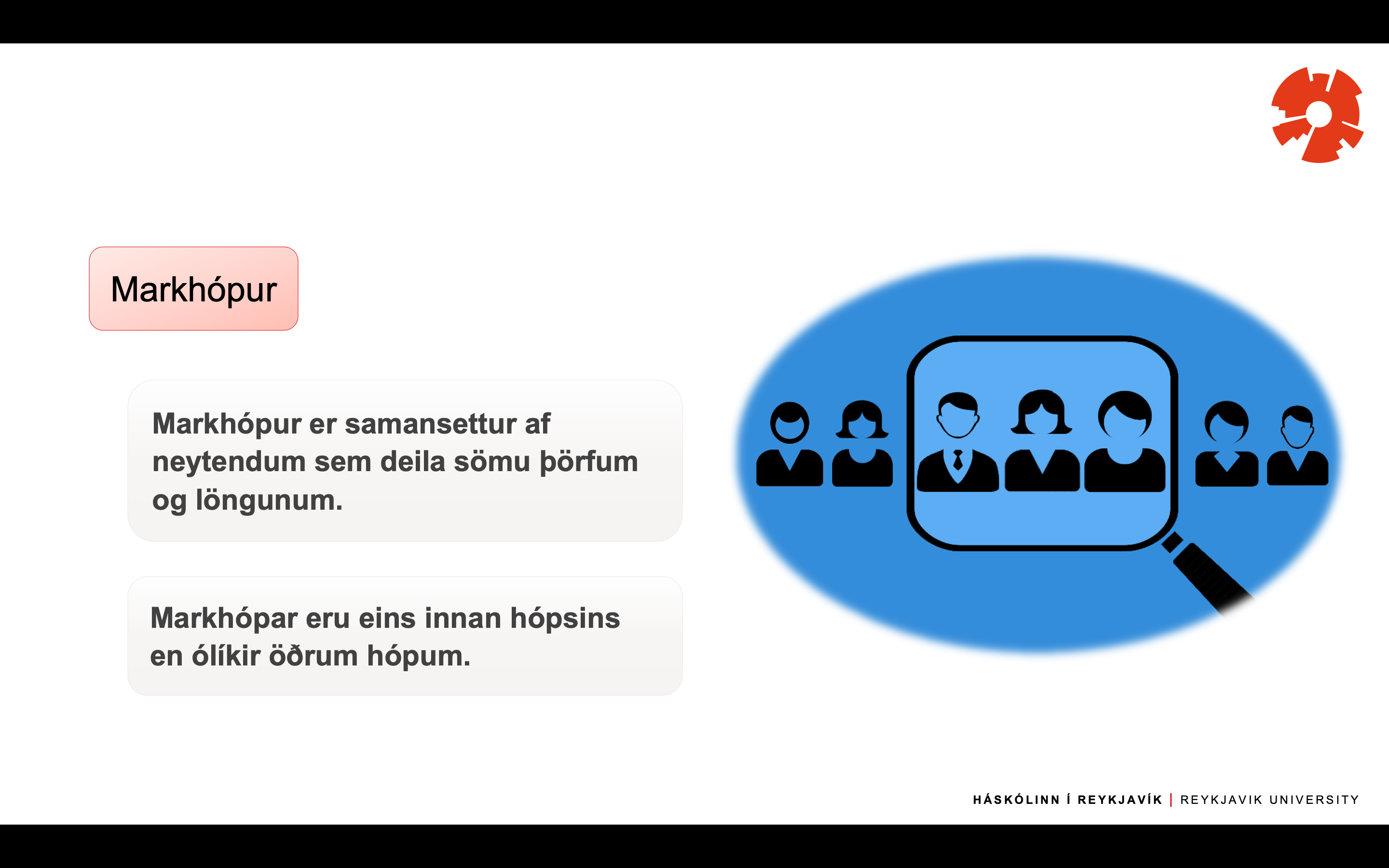 <p>Markhópur er samansettur af neytendum sem deila sömu þörfum og löngunum. </p><p>Markhópur eru eins innan hópsins en ólíkar öðrum hópum. </p>