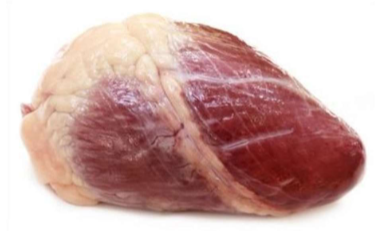 <p>Name: Heart<br>Primal: Thoracic cavity<br>Features: distinctive cardiac muscle, soft internal fat, vacuum packed</p>
