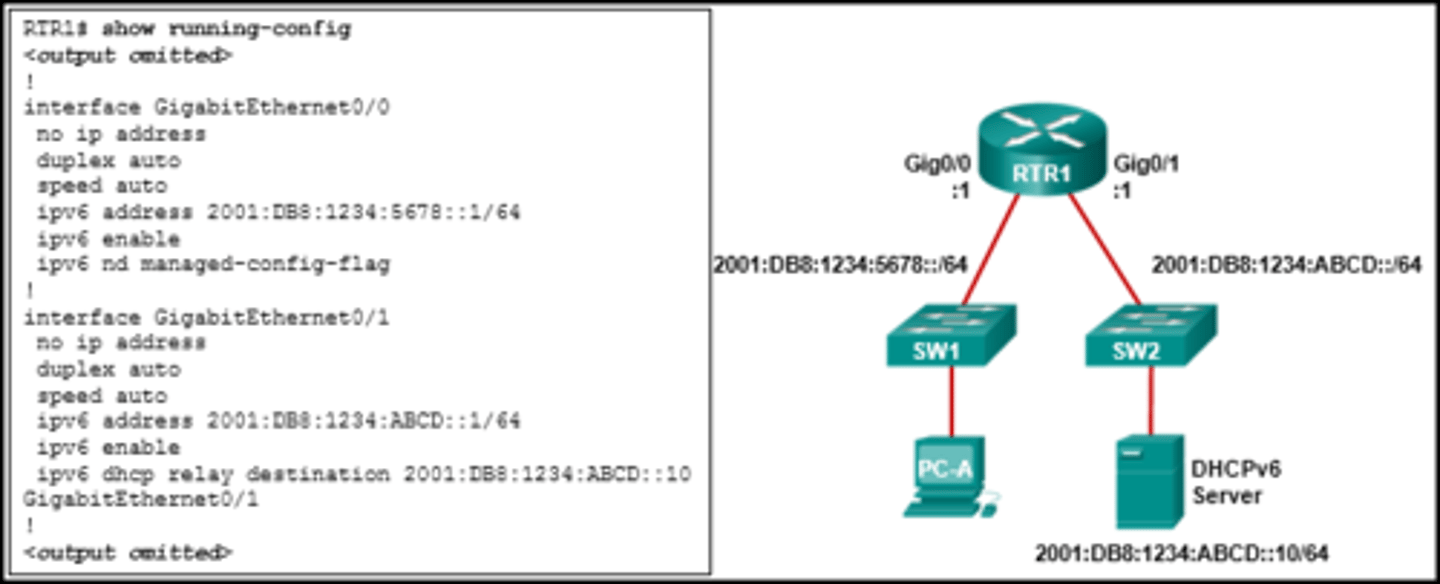 <p>The ipv6 dhcp relay command should be applied to interface Gig0/0.</p>