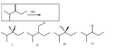 <p>Predict the major product(s) of the following reaction:</p><p>A) I</p><p>B) II<br>C) III<br>D) IV<br>E I and III</p>