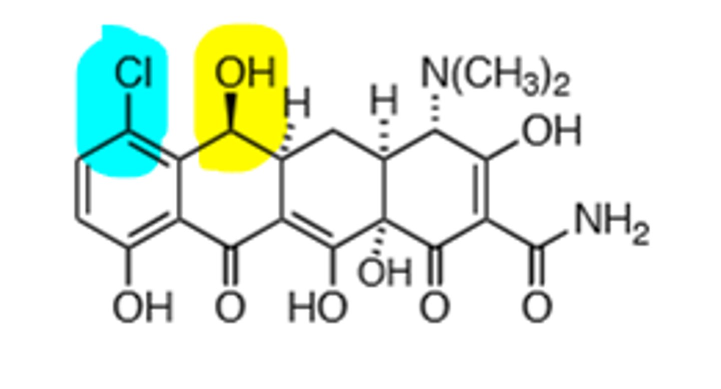 <p>Contains a secondary hydroxyl group instead of a tertiary hydroxyl group, which makes demeclocycline dehydrate slower than tetracycline, preventing the toxic intermediate from forming. Chelating agent, will bind to metal ions, which causes the drug to not get absorbed in the GI tract as well, avoid drinking milk to prevent 50% absorption decrease. broad-spectrum.</p>