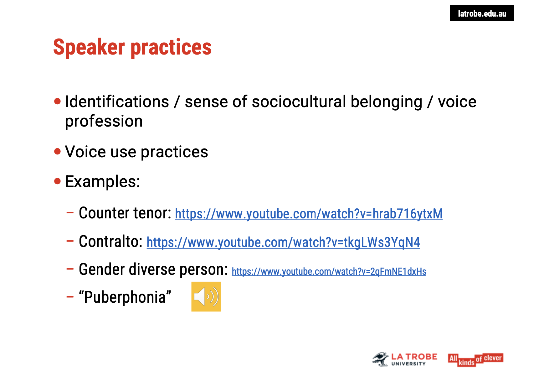 <p><span data-name="repeat" data-type="emoji">🔁</span><span><strong> Voice Is Not Purely Biologically Determined</strong></span></p><ul><li><p><span><strong>Voice pitch and quality are not fixed</strong> after puberty based on biological sex alone.</span></p></li><li><p><span><strong>Trained voice users</strong> (e.g. countertenors, contraltos) show <strong>significant range flexibility</strong> far beyond typical pitch norms.</span></p></li><li><p><span><strong>Gender diverse speakers</strong> can learn <strong>effective vocal modulation</strong> through training and support.</span></p></li></ul><p><span data-name="warning" data-type="emoji">⚠</span><span> <strong>Clinical implication</strong>: Avoid assumptions based solely on pitch or perceived voice-gender mismatches. Voice function must be understood as <strong>flexible and trainable</strong>.</span></p><p> </p><p><span data-name="dna" data-type="emoji">🧬</span><span><strong> Identity and Voice Use: Interactions and Examples</strong></span></p><p><span data-name="musical_score" data-type="emoji">🎼</span><span><strong> Countertenors (Male sopranos using falsetto)</strong></span></p><ul><li><p><span>Use <strong>edge vibration</strong> of vocal folds to sing in the alto/soprano range.</span></p></li><li><p><span>Defy gendered pitch norms—proof that <strong>biology does not rigidly determine voice pitch</strong>.</span></p></li></ul><p><span data-name="microphone" data-type="emoji">🎤</span><span><strong> Contraltos (Low-pitched female voices)</strong></span></p><ul><li><p><span>Challenge norms about "how women should sound".</span></p></li><li><p><span>Reinforces that <strong>range and resonance can be expanded</strong> with training.</span></p></li></ul><p><span data-name="rainbow" data-type="emoji">🌈</span><span><strong> Gender Diverse Speakers (e.g., Rachel)</strong></span></p><ul><li><p><span>Learn <strong>techniques to modify pitch, resonance, intonation, and speech style</strong> to align with gender identity.</span></p></li><li><p><span>Example showed Rachel switching between a feminine and masculine voice range.</span></p></li><li><p><span>Shows <strong>what’s possible with therapy, training, and personal intention</strong>.</span></p></li></ul><p> </p><p><span data-name="scales" data-type="emoji">⚖</span><span><strong> Puberphonia (Mutational Falsetto): Clinical Caution</strong></span></p><ul><li><p><span>A <strong>voice disorder</strong>, often seen in AMAB individuals post-puberty who maintain a childlike pitch.</span></p></li><li><p><span>Not necessarily due to poor identity development—<strong>psychogenic labels can be inappropriate</strong>.</span></p></li><li><p><span>Voice may be <strong>unstable, weak, high-pitched</strong>, with <strong>excess laryngeal tension</strong>.</span></p></li><li><p><span>Treatment should focus on:</span></p><ul><li><p><span><strong>Functional voice use</strong>, not enforcing gender norms.</span></p></li><li><p><span><strong>Client’s own goals and self-perception</strong>.</span></p></li><li><p><span>Teaching <strong>balanced laryngeal posture</strong>, breathing, resonance.</span></p></li></ul></li></ul><p> </p><p><span data-name="woman_in_lotus_position" data-type="emoji">🧘♀</span><span><strong> Key Treatment Principles: Functional, Not Normative</strong></span></p><ul><li><p><span>The <strong>goal is not to normalise</strong>, but to support <strong>function and comfort</strong>.</span></p></li><li><p><span>Whether for professional users (singers) or everyday speakers (e.g., a social worker), therapy focuses on:</span></p><ul><li><p><span><strong>Vocal flexibility</strong></span></p></li><li><p><span><strong>Efficient technique</strong></span></p></li><li><p><span><strong>Muscle balance and posture</strong></span></p></li><li><p><span><strong>Self-perception and identity</strong></span></p></li></ul></li></ul><p> </p><p><span data-name="bulb" data-type="emoji">💡</span><span><strong> SLP Role: Voice as an Expression of Self</strong></span></p><ul><li><p><span>Recognise that voice:</span></p><ul><li><p><span>Reflects <strong>identity, emotion, social context</strong>.</span></p></li><li><p><span>Is a <strong>tool that can be shaped</strong>, not just a fixed outcome of anatomy.</span></p></li></ul></li><li><p><span>SLPs must:</span></p><ul><li><p><span>Use a <strong>client-centred, culturally responsive approach</strong>.</span></p></li><li><p><span>Avoid pathologising identity-linked variations.</span></p></li><li><p><span>Empower speakers to <strong>use their voice in the way they choose</strong>.</span></p></li></ul></li></ul><p></p>