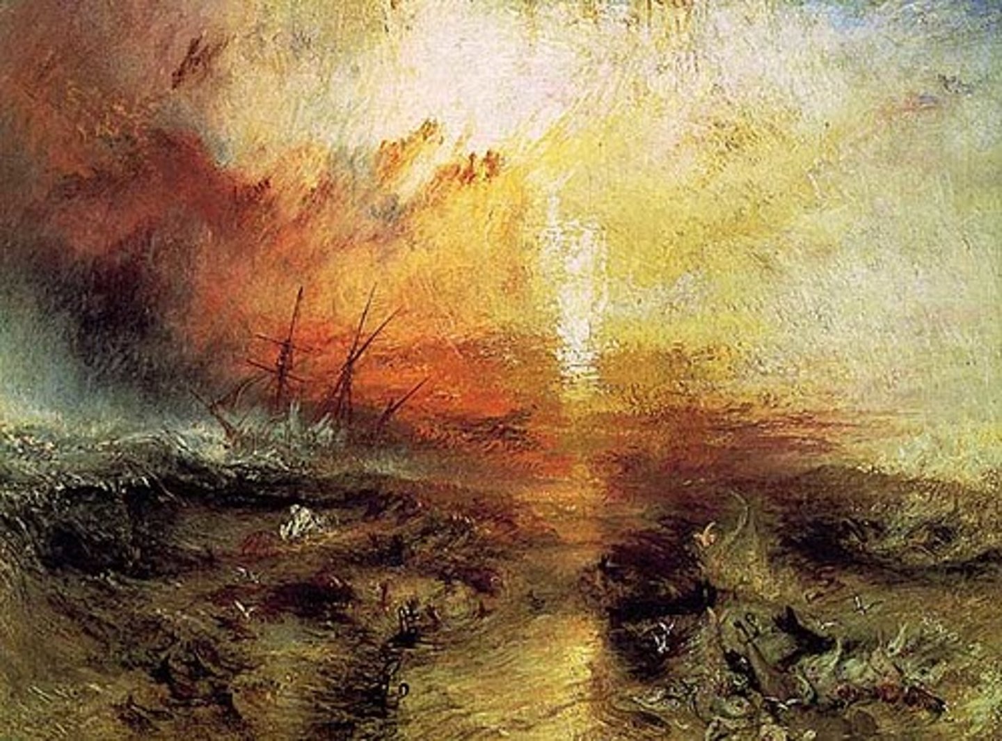 <p>Slave Ship. 1840. JMW Turner. Oil on canvas Romantic<br>.Vocal abolitionist<br>Based on an incident in which a ship captain thre people off the edck to save him<br>Turner is showing the hands and wrists of people drawing in the ocean<br>SHOCKS audiences, depicts atrocities, dissuades people from the slave tdae<br>Injected his own judegemntk, colors are similar to depictions of hell in last judement pieces<br>Nature is saying how bad it is, blood red sunset.<br>IMPASTO technique<br>SUBLIME!! Scale</p>