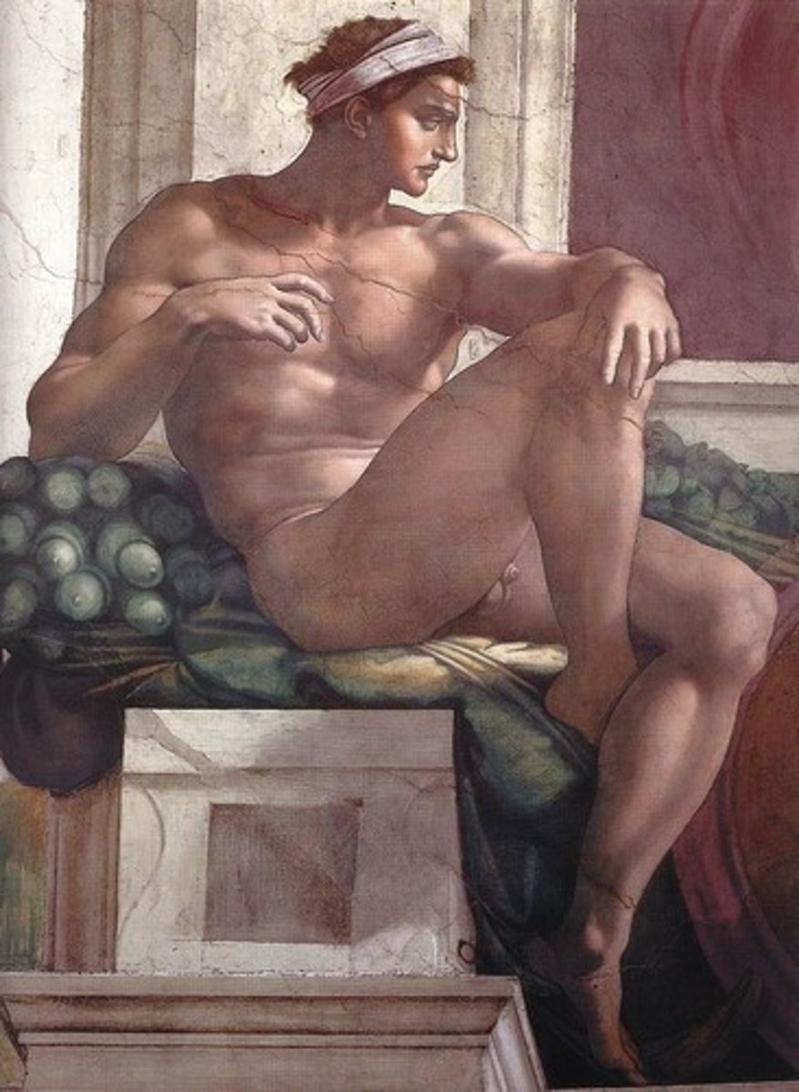 <p>Nude corner figures on the Sistine Chapel ceiling</p>