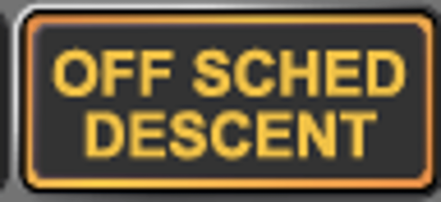 <p>Should a descent begin prior to the aircraft reaching the set FLT ALT, e.g., an air turn-back during climb, the OFF SCHED DESCENT light will illuminate, along with the AIR COND System Annunciator and MASTER CAUTION lights.</p>