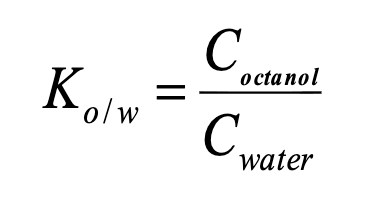 <p>ratio of concentrations in two immiscible solvents (eg: octanol and water)</p>