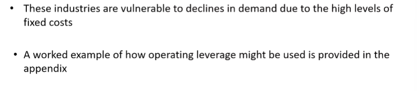<ul><li><p><span>Airlines</span></p><ul><li><p><span>Hardly any flights during COVID</span></p></li><li><p><span>Lots of fixed costs</span></p></li></ul></li><li><p><span>Tollways</span></p></li><li><p><span>Entertainment venues</span></p></li><li><p><span>Universities</span></p><ul><li><p><span>Extremely high fixed costs</span></p></li><li><p><span>Did not disappear during COVID like staff salaries.</span></p></li><li><p><span>Pivoted to online and fixed costs like tutorial staff were reduced</span></p></li></ul></li></ul><p></p>