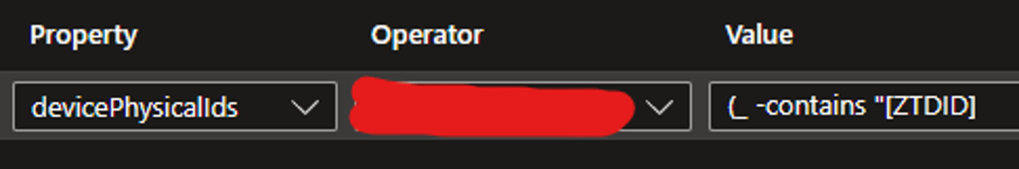 <p>To add a newly Autopilot registered device to a dynamic device group you have to set the dynamic membership rule.</p><p>What needs to be set as the operator in the picture?</p>