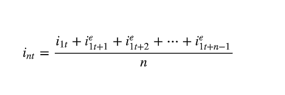 <p>the interest rate on a bond with n years to maturity is the average of n expected future one year interest rates.</p>