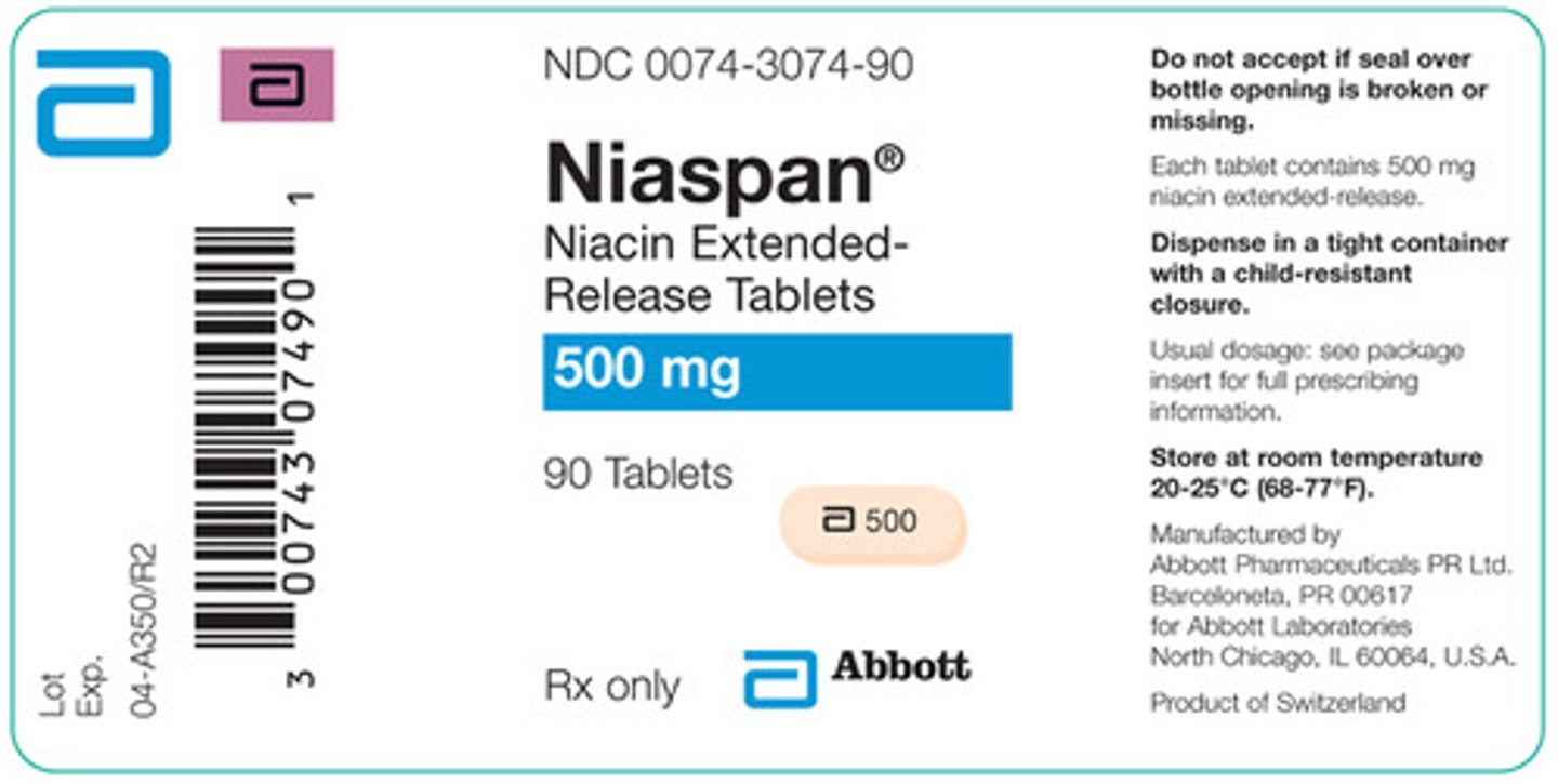 <p>Niacin;</p><p>Form of Vitamin B3;</p><p>Hyperlipidemia</p>