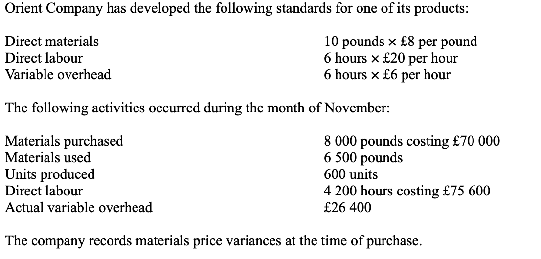 Orient's materials usage variance would be

£22 000 unfavourable.

£12 000 favourable.

£10 000 unfavourable.

£4000 unfavourable.