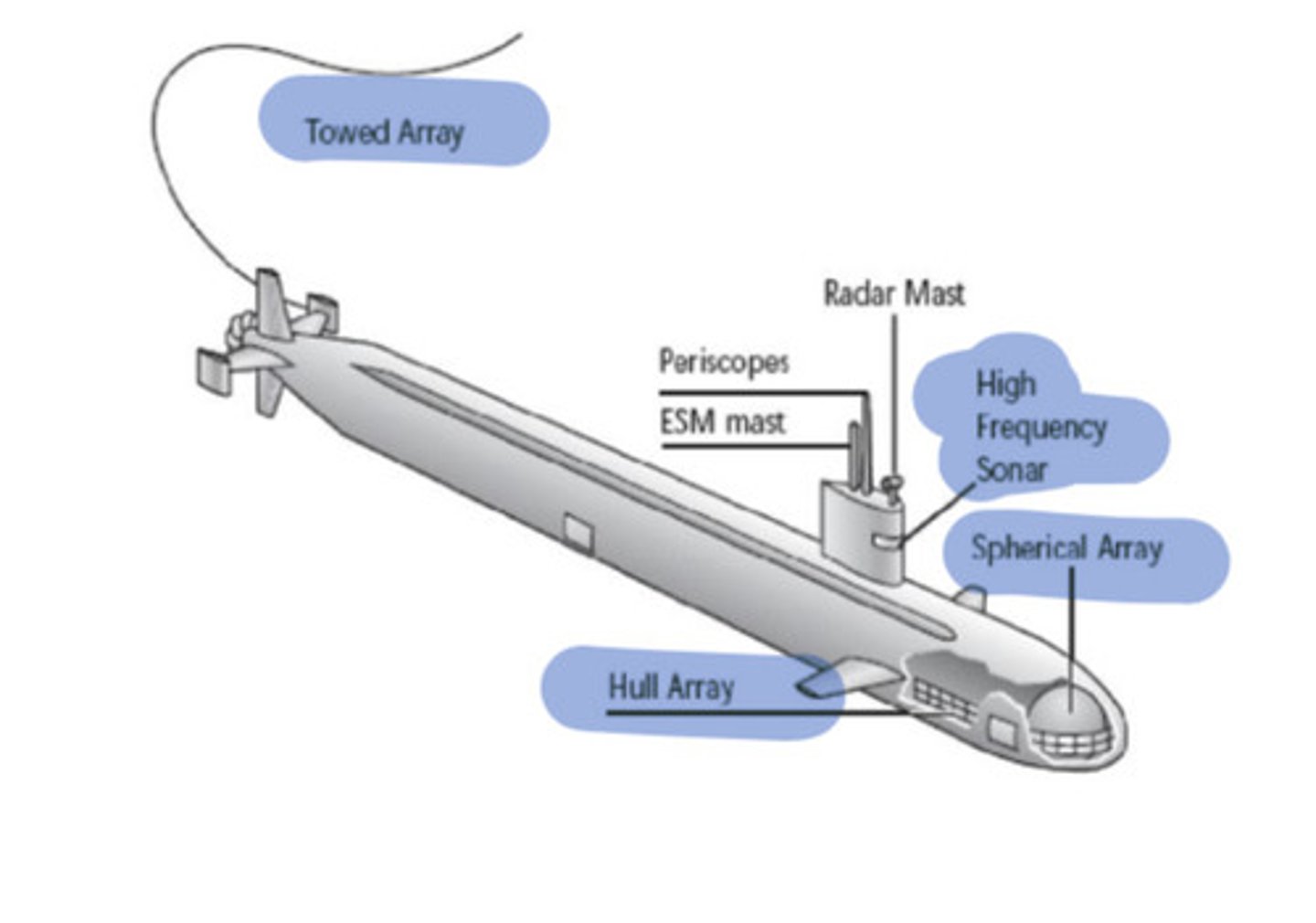 <p>Spherical Array (in the bow)<br>Hull Array (along the hull)<br>Towed Array (out the stern)<br>High Frequency Array (in the sail)</p>