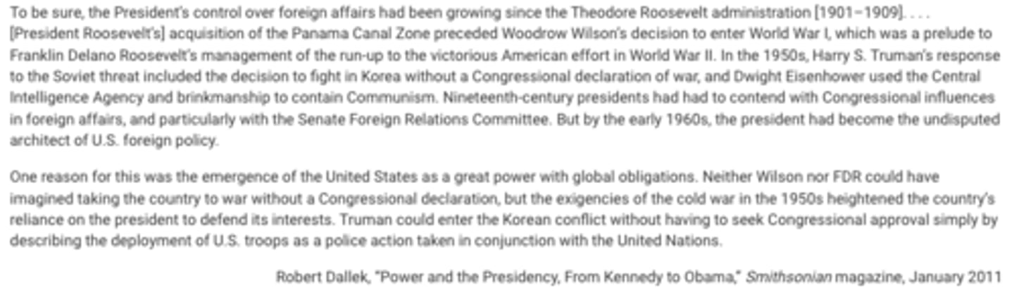 <p>Which of the following explains why the author believes presidential power has expanded?</p>