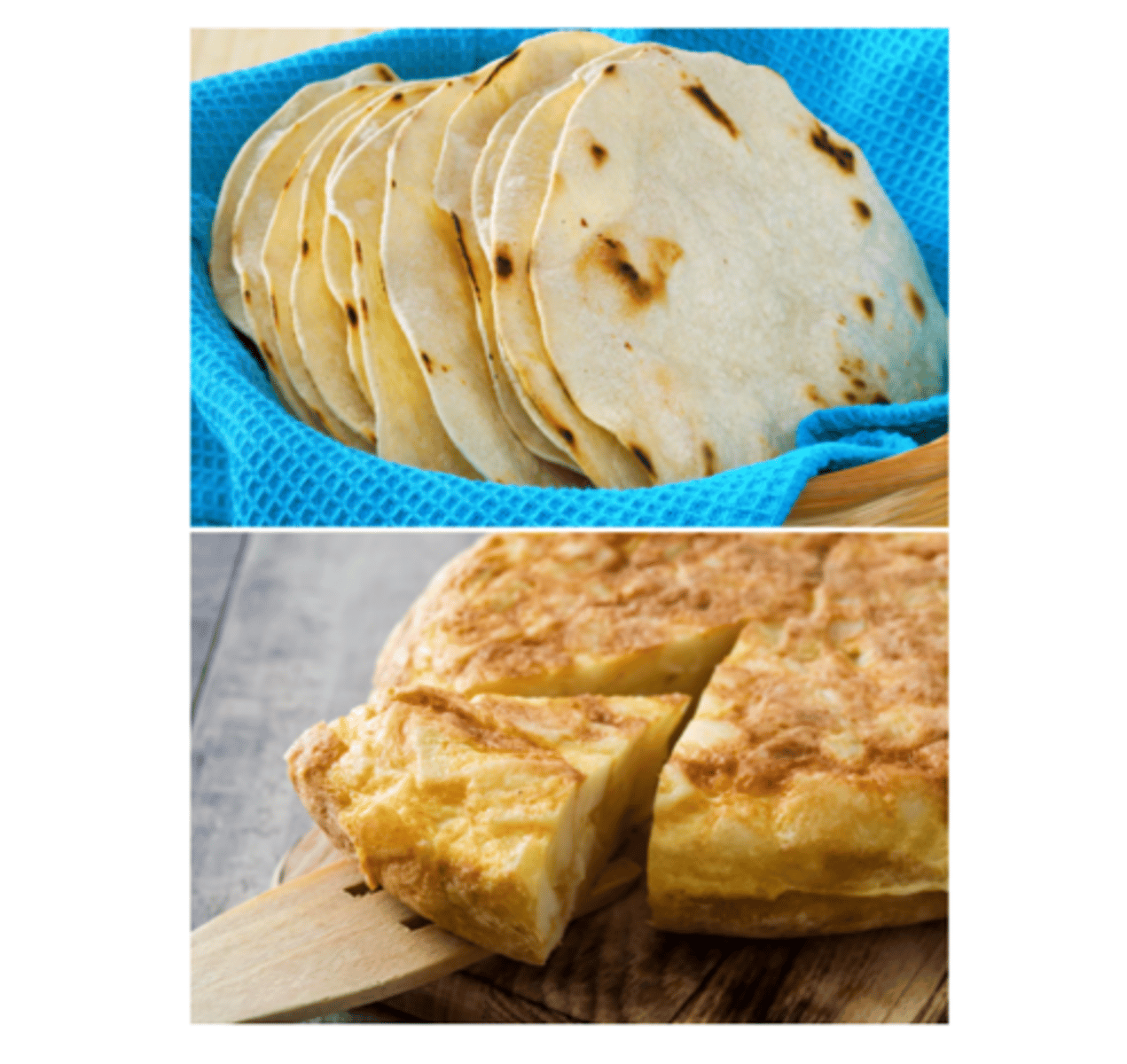 <p>tortilla</p><p>(in Latin America: a flatbread made from cornmeal or flour, in Spain: an omelet)</p>
