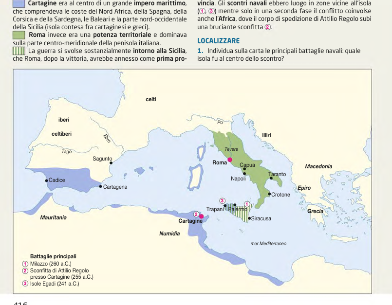 <ul><li><p>260 a.C.: prima grande vittoria navale romana presso Milazzo (console Gaio Duilio).</p></li><li><p>255 a.C.: fallimentare spedizione in Africa guidata da Attilio Regolo → esercito romano annientato.</p></li><li><p>254 a.C.: conquista di Palermo, importante base cartaginese.</p></li><li><p>241 a.C.: decisiva vittoria navale di Gaio Lutazio Catulo presso le <strong>Isole Egadi</strong> → Cartagine, stremata, fu costretta a chiedere la pace.</p></li></ul><p></p>