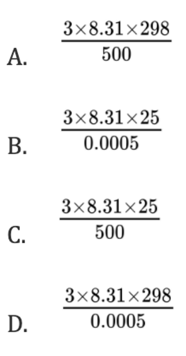 <p>What is the pressure, in Pa, if 3 mol of gas occupies 500 cm³ at 25 °C?</p><p>Given: R = 8.31 J K⁻¹ mol⁻¹</p><p>10⁻³ m³ = 10³ cm³</p>
