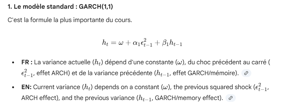 <p><strong><span>EN:</span></strong><span> This is the industry standard model. It is usually sufficient to capture financial volatility persistence.,</span></p><p><span>alpha1+beta1<1 plus la somme </span>proche de 1, plus la volatilité met du temps à revenir à la normale.<span> </span></p>