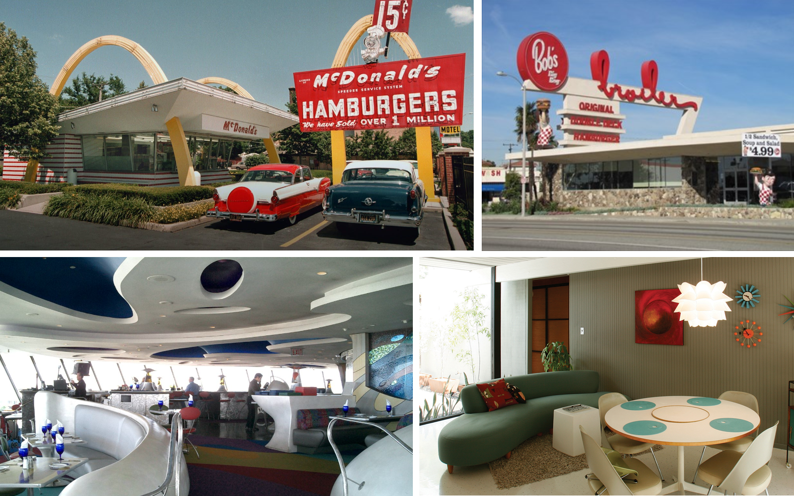 <ul><li><p><span>post-World War II futurist architecture influenced by car culture, jets, the space age, and the atomic age</span></p></li><li><p><span>popular among motels, coffee houses, and gas stations</span></p></li></ul><p></p>
