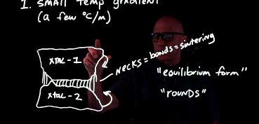 <p>With a small temperature gradient, there less movement of heat and vapor pressure between grains. What matters is crystals’ curvature; molecules will accumulate between the pointier ends of grains, fusing them with strong bonds (sintering). This creates rounded grains that are more stable, and snowpack that is very strong.</p><p>Grains are referred to as “equilibrium form” or&nbsp;“rounds”</p>
