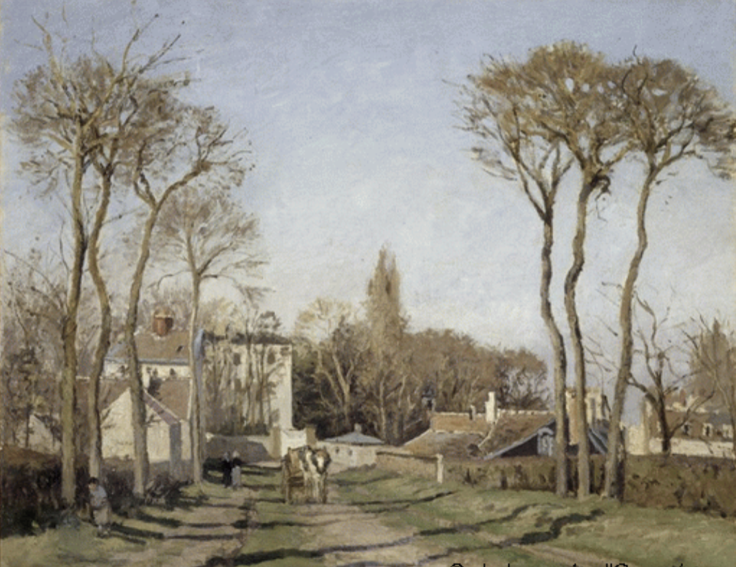 <p>Entrance to the Village of Visions, Camille Pissarro 1872</p>