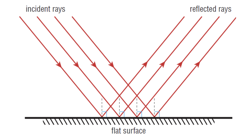 <p>Reflection from a flat reflective surface.</p><p>—&gt; <span>The angles of incidence for these rays are all identical.&nbsp;</span></p><ul><li><p><span>Angles of reflection are equal</span></p></li><li><p><span>If incident rays are parallel, then the reflected rays will also be parallel&nbsp;</span></p></li></ul><p></p>