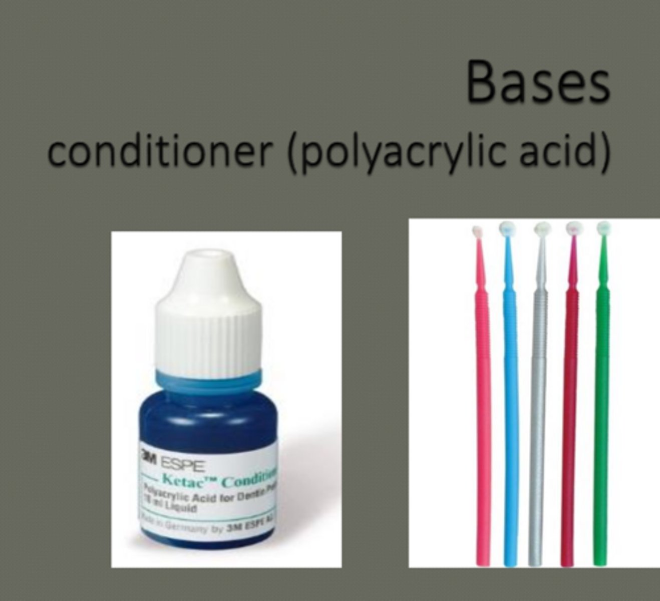 <p>around liner where GI will be placed... GI will bond to tooth structure</p><p>NOT on liner</p><p>steps:</p><p>- dispense form bottle onto a pad &amp; apply with disposable applicator peripheral to liner</p><p>- rinse with water</p><p>- dry with 2-3 short bursts of air</p><p>- surface will appear matte</p>