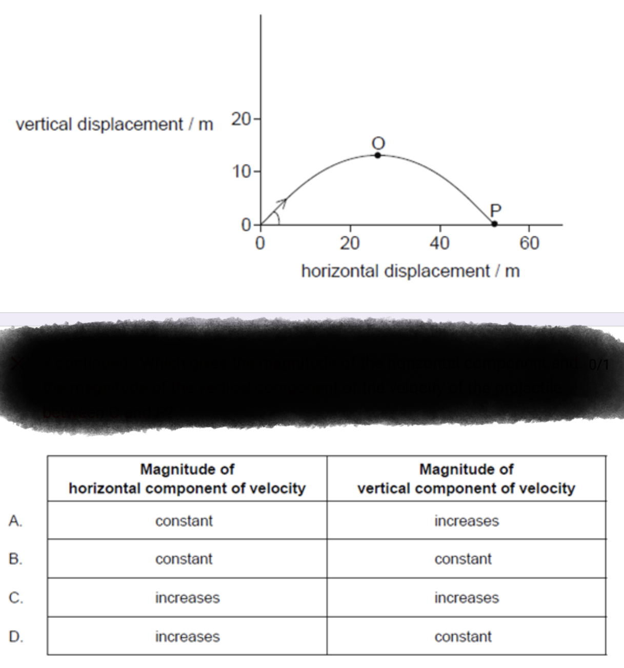 <p><span>A projectile is fired at an angle to the horizontal. Air resistance is negligible. The path of the projectile is shown. Which gives the magnitude of the horizontal component and the magnitude of the vertical component of the velocity of the projectile between O and P?</span></p>