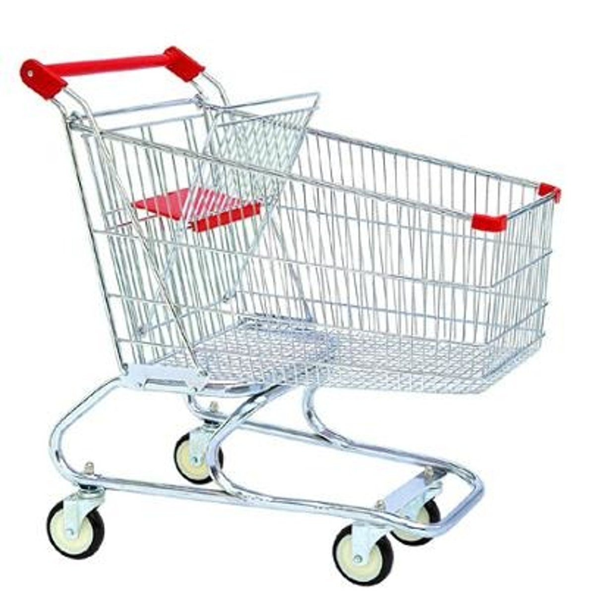 <p>a large container with wheels that you push and use for carrying things in a supermarket or at an airport</p>