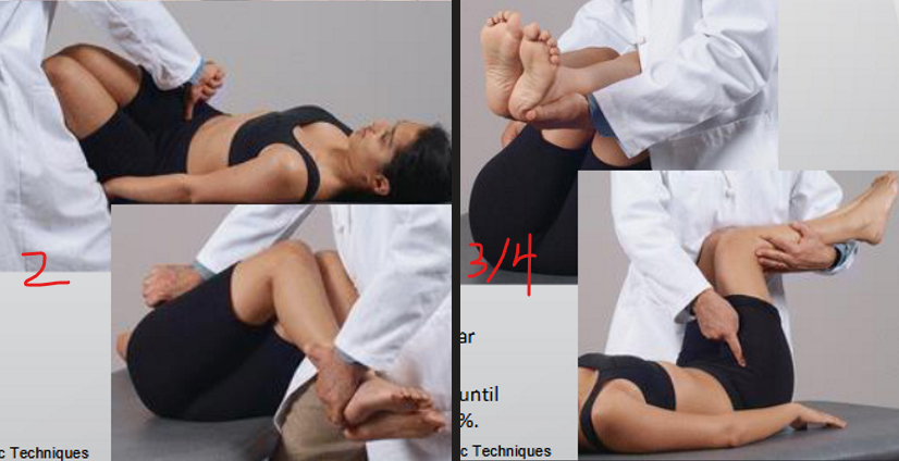 <ul><li><p>stand on opposite side, pt. supine w/ hips + knees flexed</p></li><li><p>med., lat., inf. to AIIS</p></li><li><p>flex to level, SB away → rotates torsos + segment toward</p><ul><li><p>AL2 → SB @ ankle</p></li><li><p>AL3/4 → SB @ knees</p></li></ul></li><li><p>F SA RT</p></li></ul><p></p>