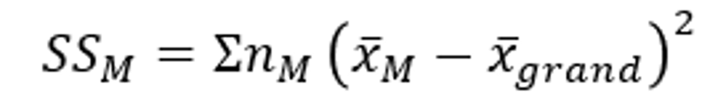 <p>-For each group (regardless of factor):</p><p>=Subtract the group mean from the grand mean, and square this</p><p>=Multiply this by the number of participants in the group</p><p>=Add all values together to calculate SS_M</p>