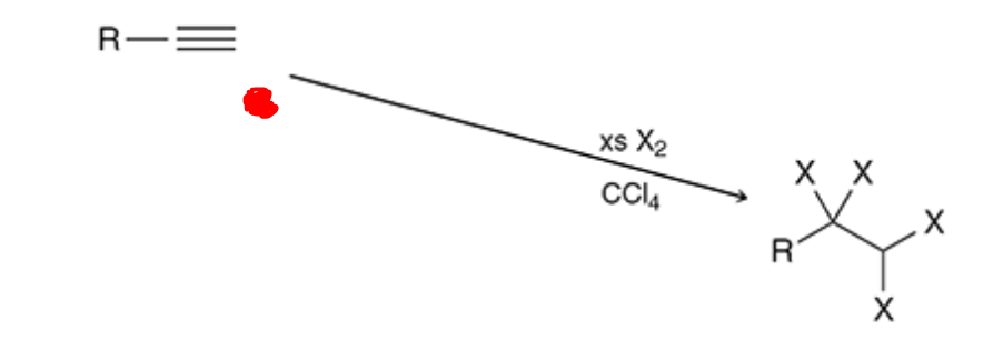 <p>CCl4 is a solvent and with xs x2 now 4 of the halogens are added (disregard the red dot)</p>