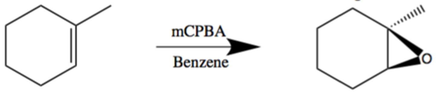 <p>Uses mCPBA<br>Syn Relationship<br>Dead giveaway is that there are a lot of oxygens attached to an group<br>Uses a mechanism with 4 arrows in a concerted reaction<br>Results in two products<br>(Carboxylic acid &amp; an Epoxide)</p>