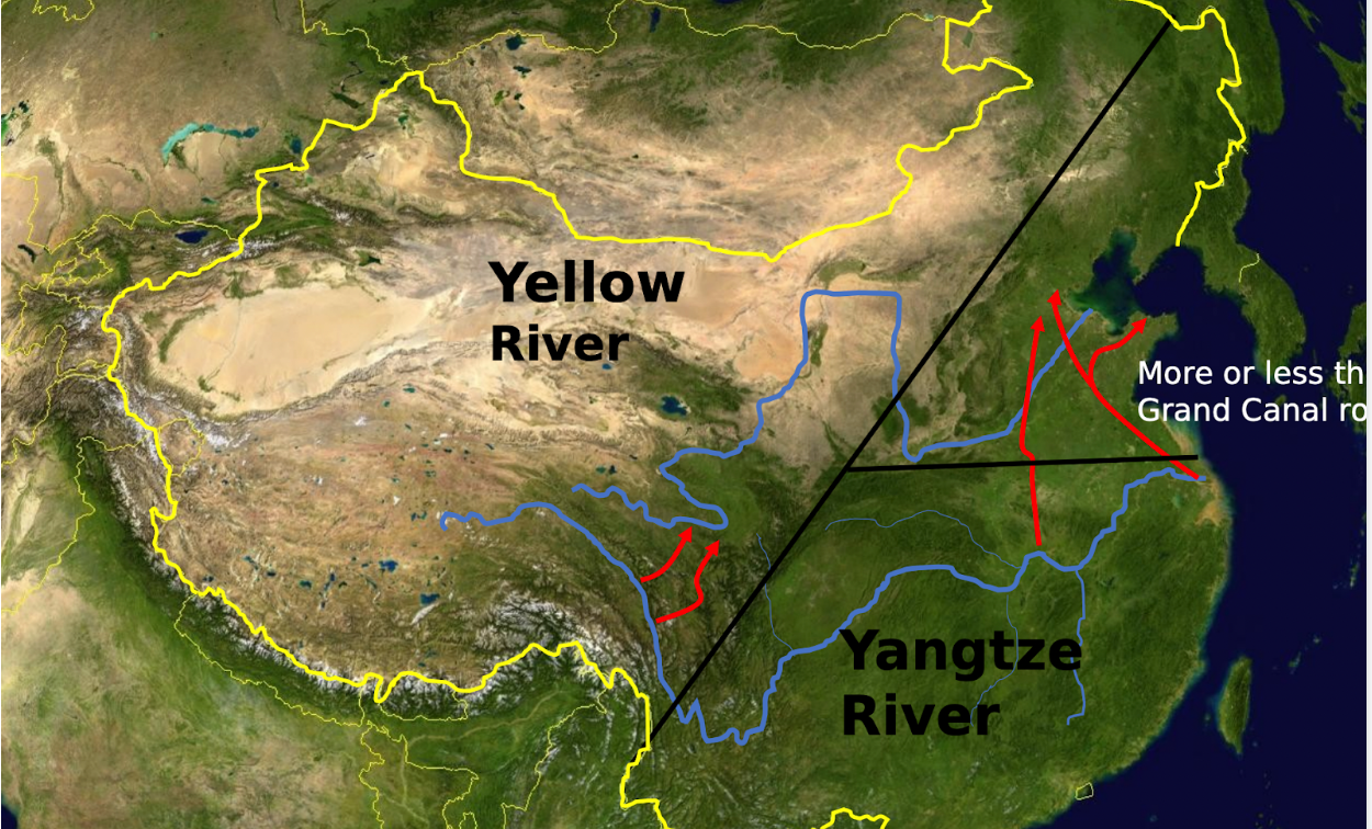 <p>West: Yellow River East: Yangtze River</p>