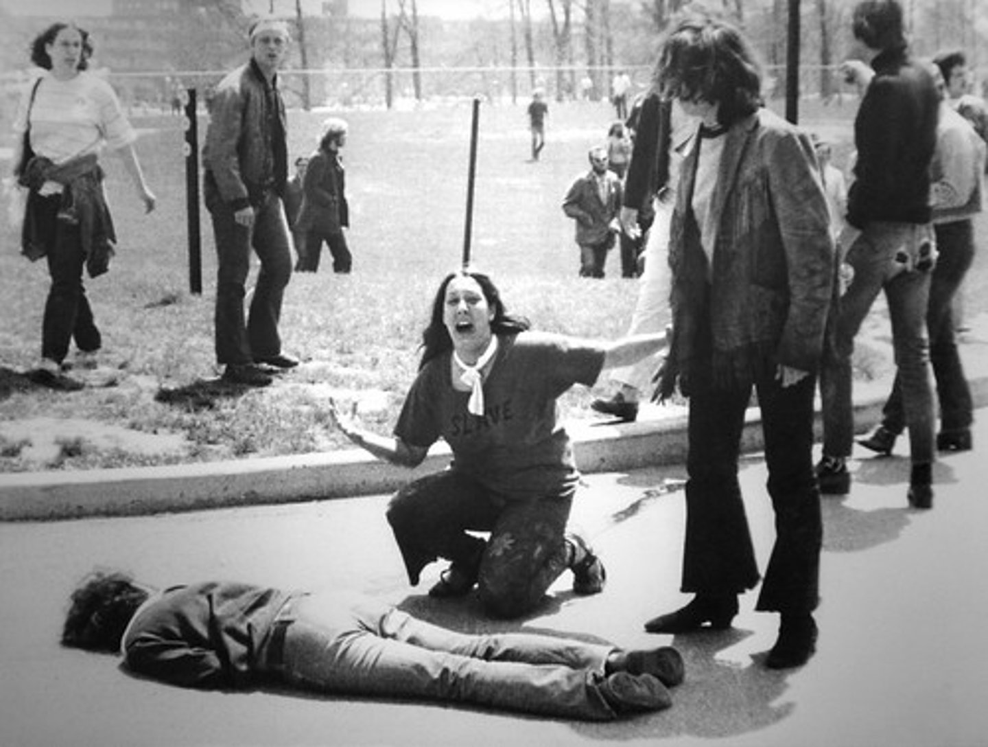<p>Four college students killed and nine wounded by Ohio National Guard troops during an anti-ROTC protest and the U.S. invasion of Cambodia.</p>
