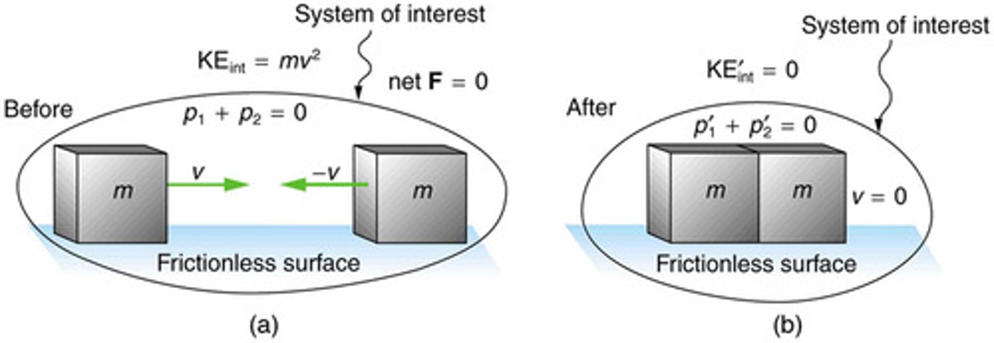 <p>A collision in which the objects stick together, reducing internal kinetic energy to the minimum while conserving momentum.</p>