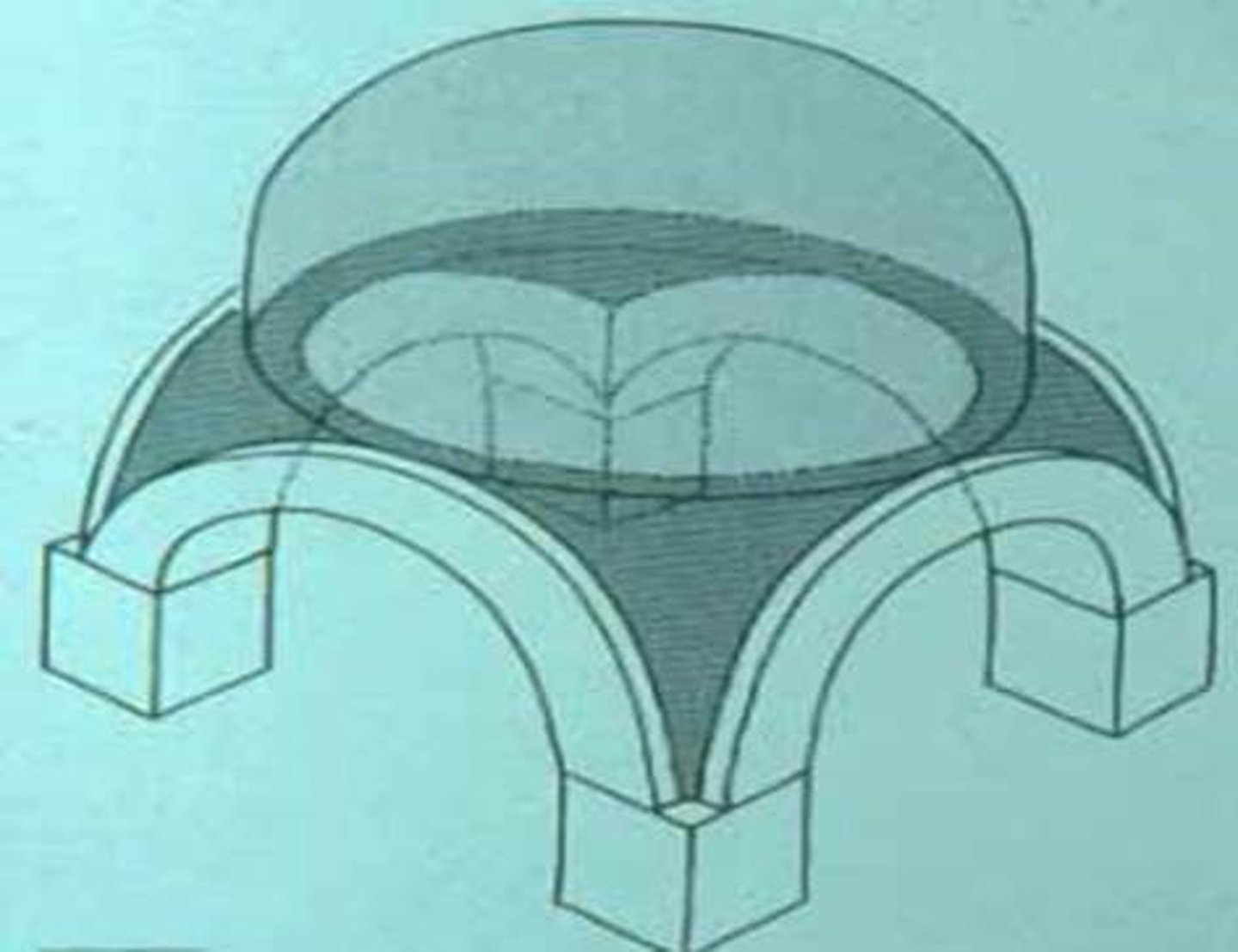 <p>A triangular segment of a spherical surface, filling in the upper corners of a room, in order to form, at the top, a circular support for a dome.</p>