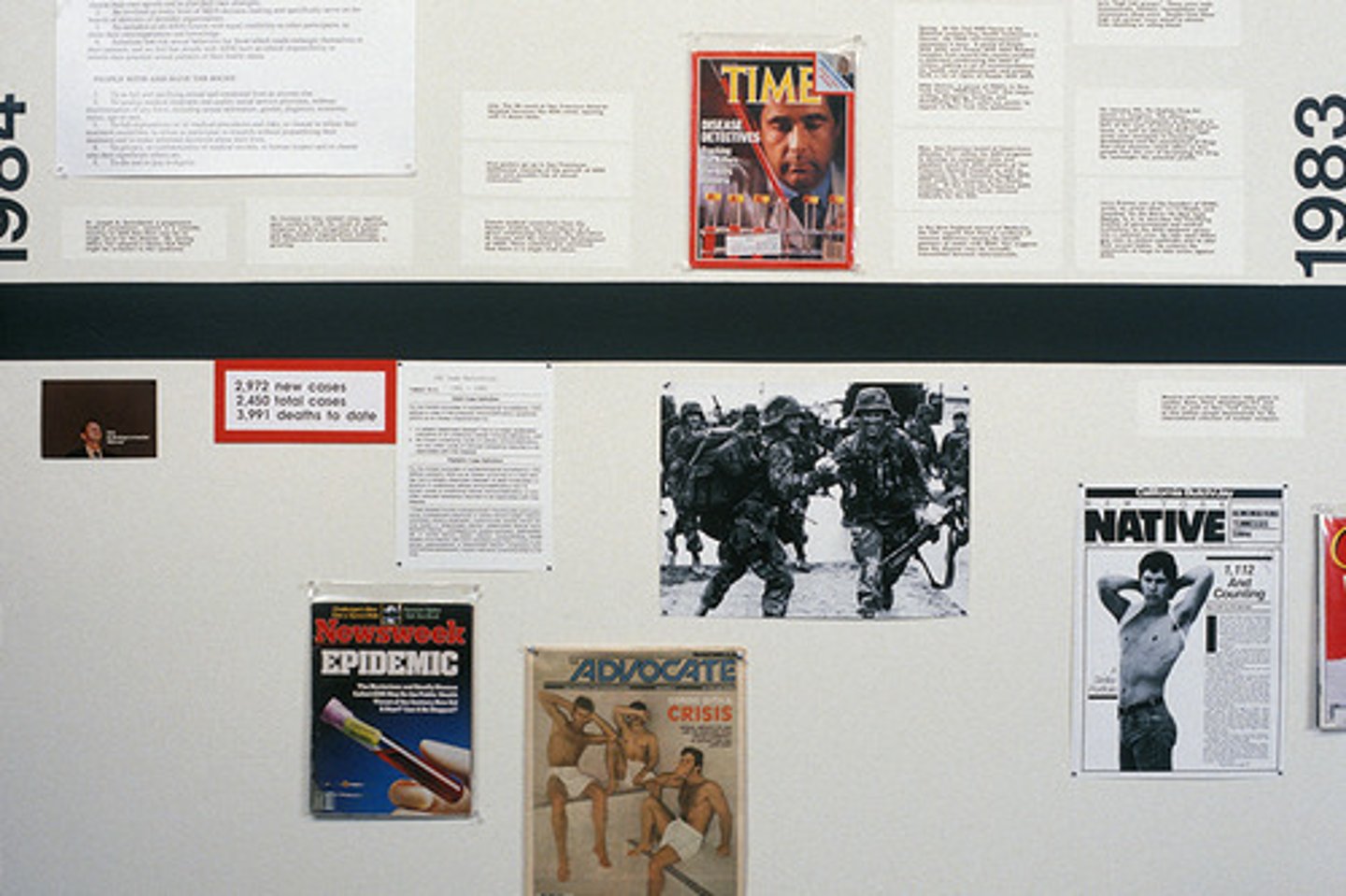 <p>Group Material (Reconsidering History, Subjects of History)</p><ul><li><p><strong>1 Story:</strong> Archival installation mapping AIDS crisis politically and socially.</p></li><li><p><strong>2 Changes:</strong> Marks rise of activism-based art of the 1980s.</p></li><li><p><strong>3 Context:</strong> Responds to government neglect and cultural stigma (Art Since 1900: 1989).</p></li><li><p><strong>4 New Approaches:</strong> Collective authorship and community documents as art.</p></li></ul><p></p>