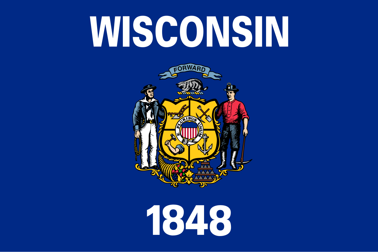 <p>Blue background with emblem featuring two men. WISCONSIN 1848</p>