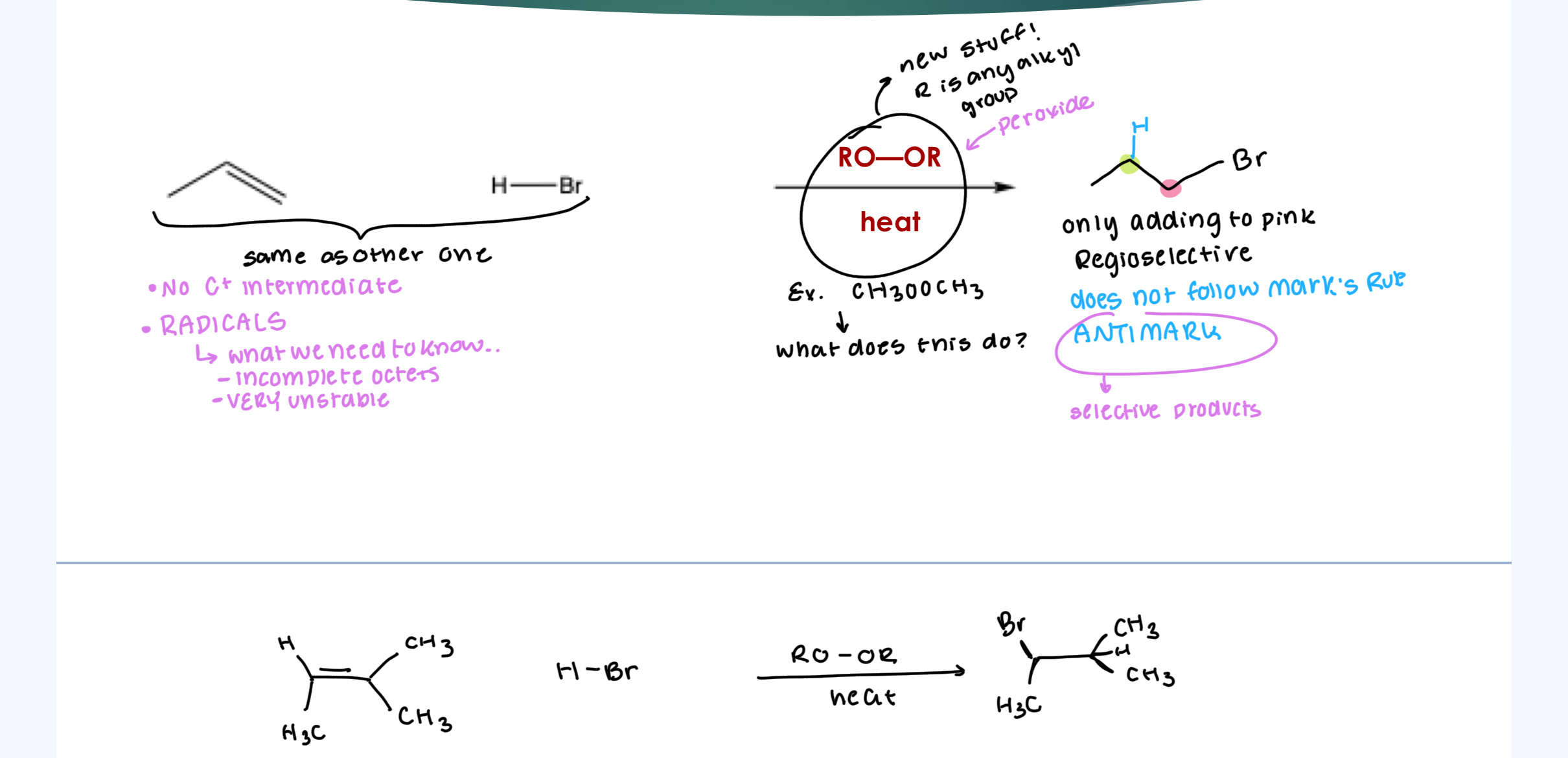 <ul><li><p>No C+ intermediate</p></li><li><p>RADICALS</p><ul><li><p>What we need to know about these:</p><ul><li><p>Incomplete Octets&nbsp;</p></li><li><p>VERY unstable</p></li></ul></li></ul></li></ul><p></p><p>Stereoselectivity: Like C+: no stereoselectivity… doesn’t care about top or bottom.</p><p>Regioselectivity: ANTI MARK (most stable Radical intermediate</p><p>Need to recognize the EtOOEt + heat for the radical</p>