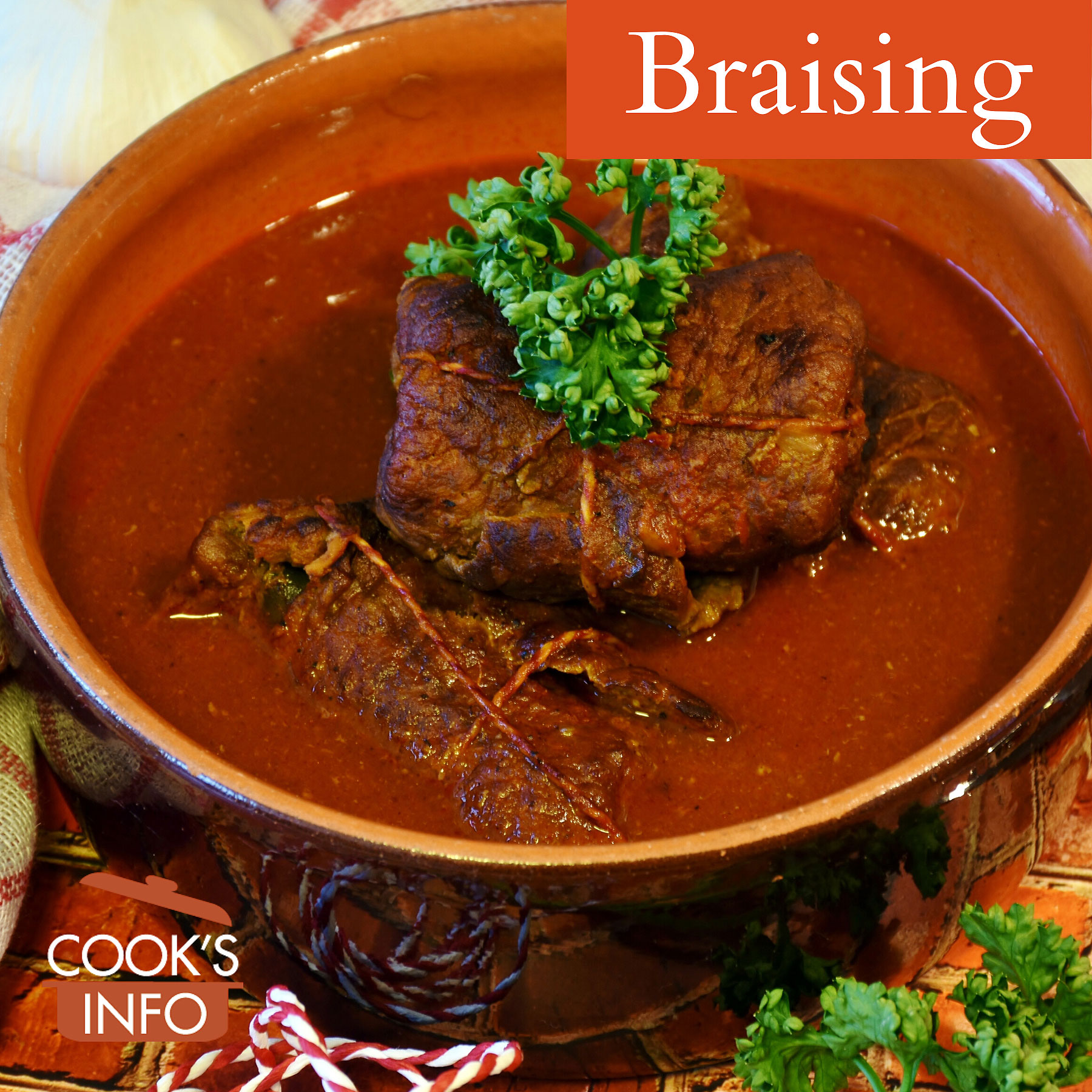 <p>Braising - Cooking method using dry and moist heat. Large cuts of food are first seared and then simmered in a small amount of liquid and then covered tightly in a covered pot. </p>