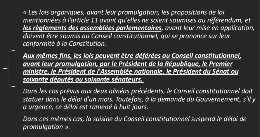 <p>Le contrôle de constitutionnalité des lois <em>a priori</em> (actuel)</p><p><strong>ATTENTION :</strong>&nbsp;La possibilité pour les 60 députés ou 60 sénateurs a été ouverte par une révision de 1974</p>