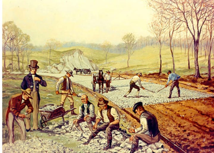 <p>The building of new roads that made it an easier safer and faster travel conditions started by John McAdam . In the roads smaller stones topped the bigger set of stones theses roads would be a model for engineers later on.</p>