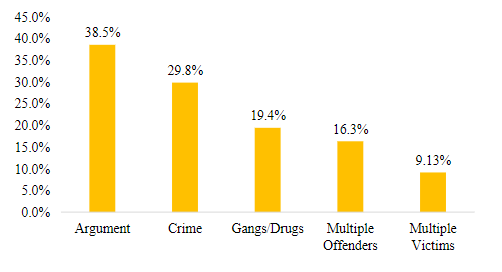 * argument - 38.5%
* crime - 29.8%
* gangs/drugs - 19.4%
* multiple offender - 16.3%
* multiple victims - 9.13%