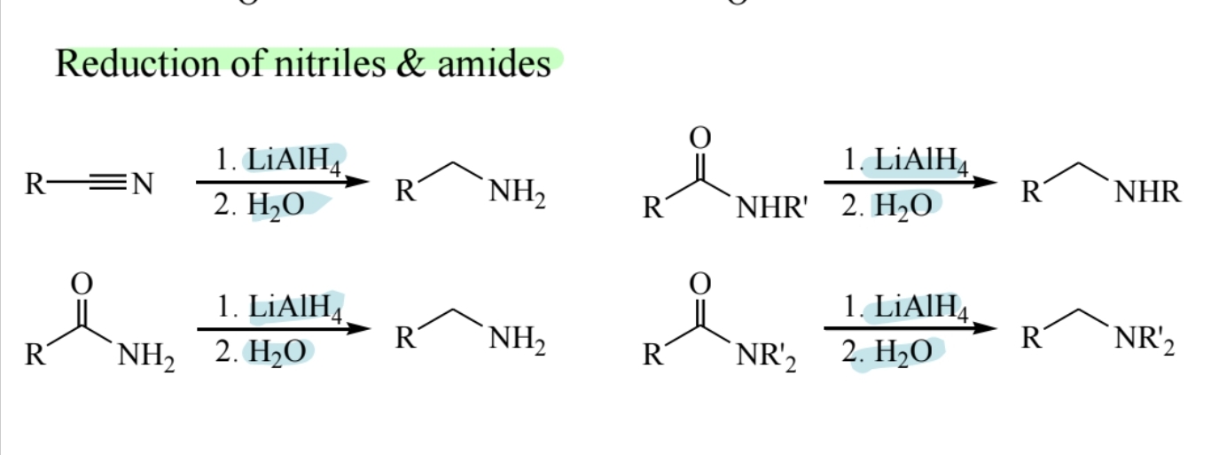 <p><span>(LiAlH4) reduces nitriles and amides to amines.</span></p>