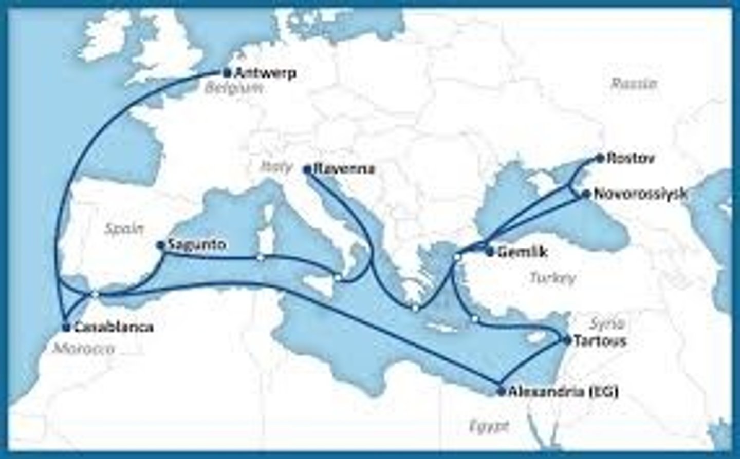 <p>Trade routes that traded grapes, wine, olives, olive oil, and mosaics from Europe to Northern Africa and the Middle East.</p>