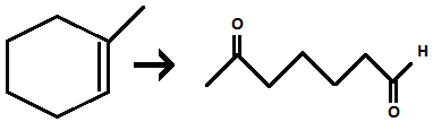 <p>(ozonolysis/oxidative cleavage) breaks all double bonds and binds O to previously double bonded carbons</p>